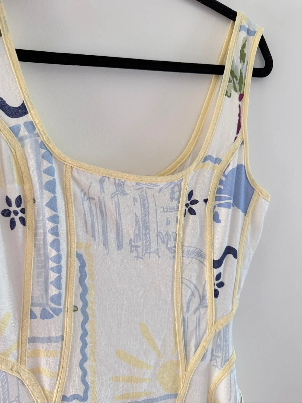 Caroline Constas White Sundress with Yellow Trim and Blue Print small waist